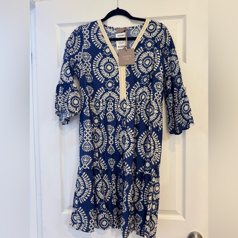 Navy and White Medallion Print V-Neck Dress with Flutter Sleeves